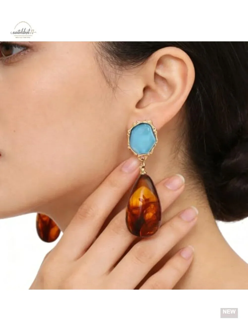 Vintage Blue Resin and Amber Teardrop Dangle Earrings Bohemian Irregular